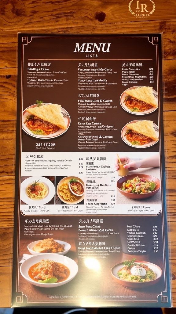 A beautifully designed restaurant menu with images of dishes, organized sections, and a rustic wooden background.
